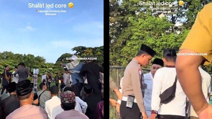 SHOLAT ID RICUH: Tangkapan layar momen viral saat bapak-bapak berantem jelang pelaksanaan sholat id di Kota Makassar pada Senin (1/4/2025). Belakangan terkuak pemicu bapak-bapak itu bertengkar hingga rusuh.