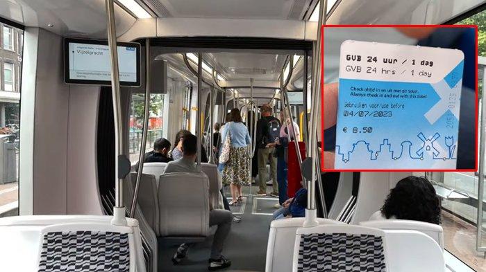 Penampakan dalam trem di Amsterdam, Belanda tahun 2023. Terlihat seorang warga Belanda memperlihatkan harga tiket perjalanan trem satu hari yakni 8,5 euro atau Rp145 ribu