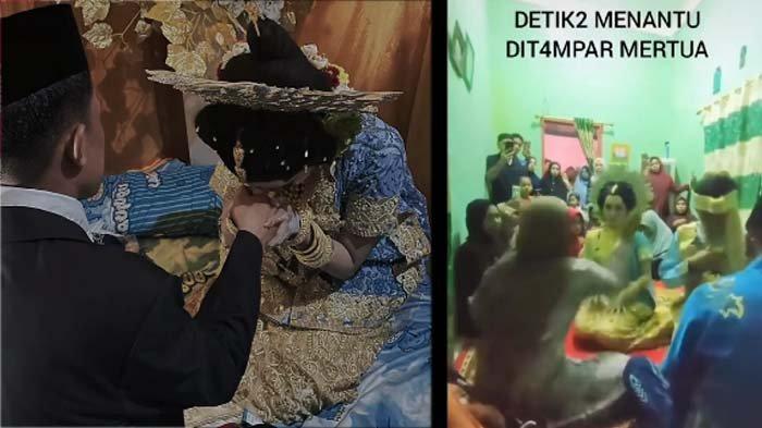 PENGANTIN DITAMPAR MERTUA: Tangkapan layar momen pengantin wanita ditampar ibu mertua usai acara pernikahan. disadur pada Kamis (20/2/2025). Viral di media sosial pengantin di Bontang Kaltim ditampar ibu mertua usai sungkeman. Sang pengantin wanita mengurai alasan ibu mertuanya kasar kepadanya.
