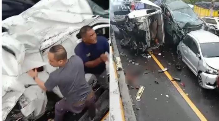 Kolase - Kondisi kendaraan yang terlibat dalam insiden tabrakan beruntun di ruas Tol Purbaleunyi KM 92, Bandung, Jawa Barat, Senin (11/11/2024).