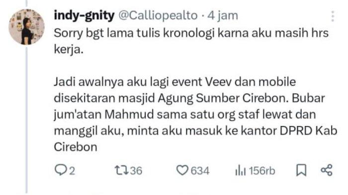 Akun @Calliopealto yang mengaku menjadi korban pelecehan seksual oleh seorang anggota DPRD Kabupaten Cirebon yang masih aktif