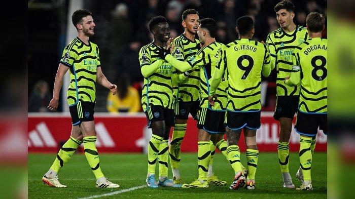 Para pemain Arsenal merayakan gol ke gawang Nottingham Forest, Rabu (31/1/2024).