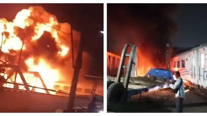 Kecelakaan KA Brantas dengan truk mengakibatkan kebakaran di tengah jembatan di Semarang, Selasa (18/7/2023) malam