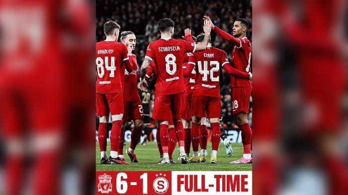 Liverpool menang 6-1 atas Sparta Praha, Jumat (15/3/2024) dini hari waktu Indonesia di Anfield.