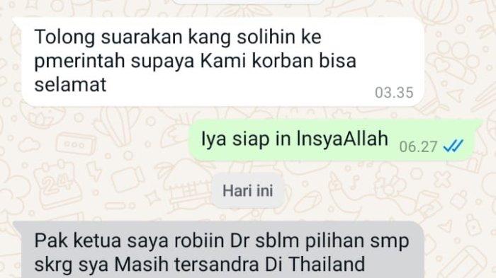 Tangkapan layar pesan minta tolong mantan anggota DPRD Indramayu, Robiin