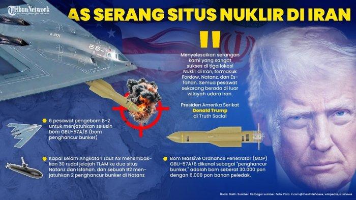 AS SERANG FASILITAS NUKLIR IRAN -- Presiden Amerika Serikat Donald Trump mengklaim, fasilitas nuklir Iran di tiga lokasi telah dilenyapkan. Militer AS telah melakukan serangan udara besar-besaran kepada Iran pada Sabtu (21/6/2025) malam.