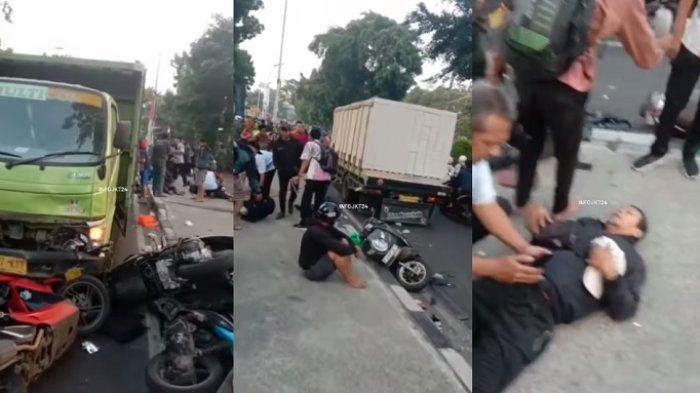 Tabrakan beruntun terjadi di Jalan Raya Lenteng Agung, Jakarta Selatan, Selasa (22/8/2023) melibatkan truk pengangkut hebel dengan sejumlah pengendara sepeda motor yang melawan arah.