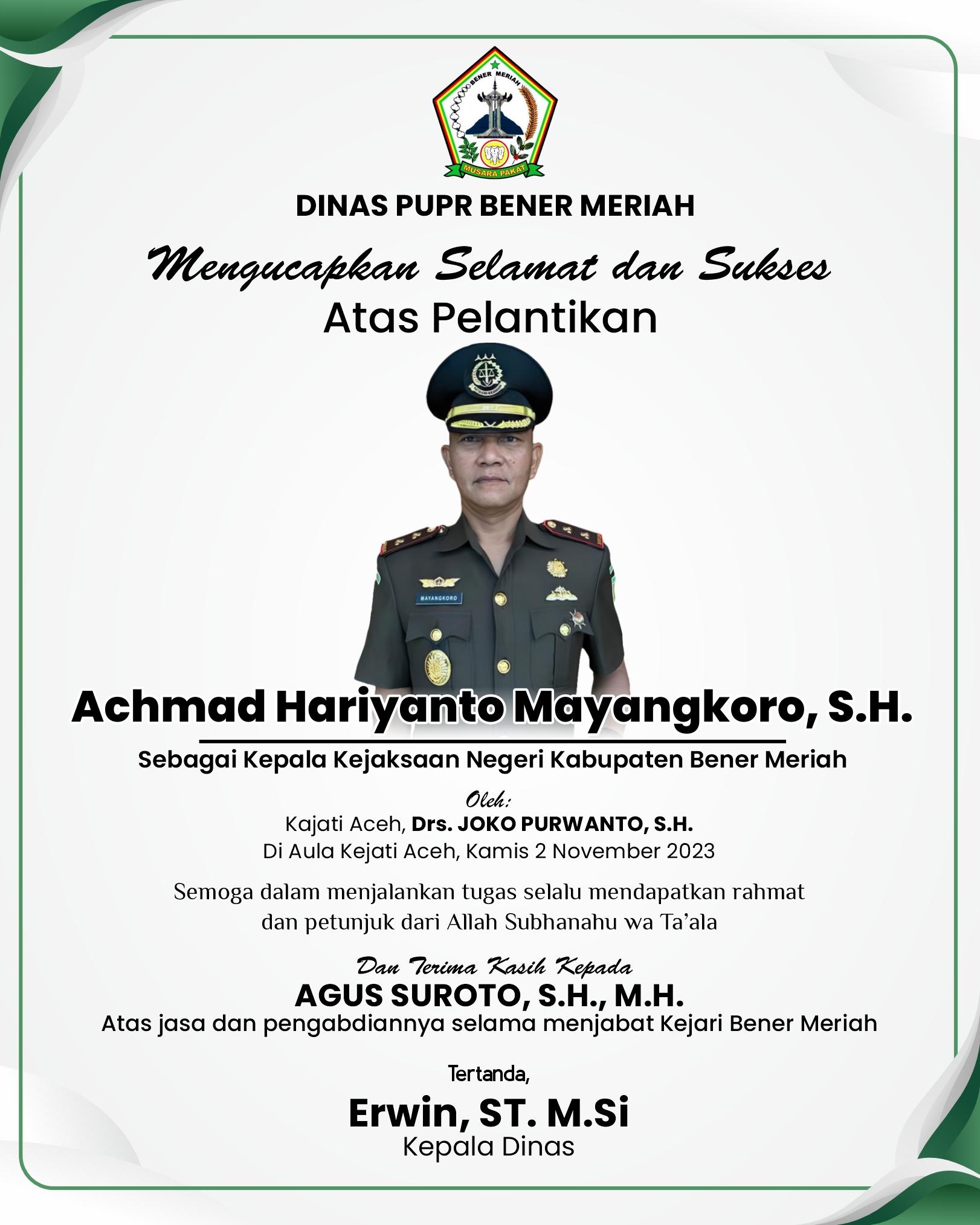 Dinas PUPR Bener Meriah Mengucapkan Selamat Atas Pelantikan Kajari Bener Meriah