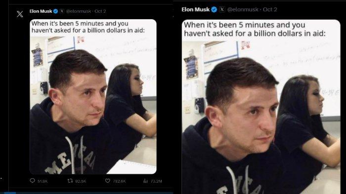 CEO Tesla Elon Musk mengunggah foto meme Presiden Ukraina Volodymyr Zelensky melalui akun X-nya pada 2 Oktober 2023.