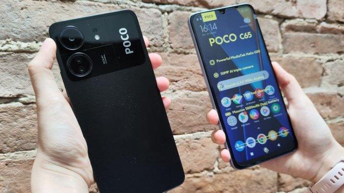 Desain bagian depan dan belakang dari Poco C65 yang sudah resmi dirilis di Indonesia pada Kamis (4/1/2024)