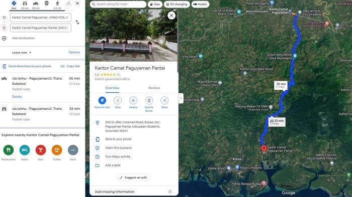 Jarak Kantor Camat Paguyaman dan Paguyaman Pantai dilihat dengan pencitraan satelit.