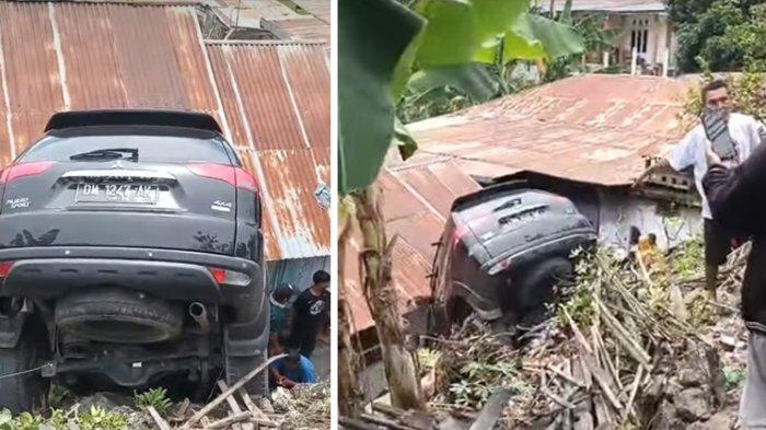 KECELAKAAN MOBIL -- Mobil Pajero Sport terjun ke jurang Lekobalo, Kota Barat Gorontalo, Sabtu (5/4/2025). Mobil tampak menabrak pagar warga hingga terjun dan nyaris menimpa rumah.