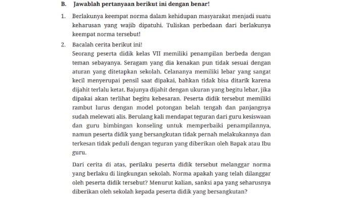 Soal Uraian Uji Kompetensi Halaman 100-101 buku Pendidikan Pancasila SMP Kelas 7 Kurikulum Merdeka Bab 3 Patuh Terhadap Norma.