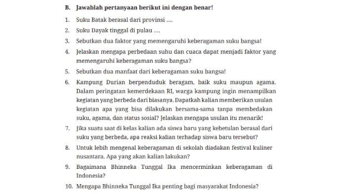 Kunci jawaban Pendidikan Pancasila atau PKN untuk SMP Kelas 7 Kurikulum Merdeka Uraian Uji Kompetensi Halaman 139-140, Bab 4 Keberagaman Bangsa Indonesia dalam Bingkai Bhineka Tunggal Ika.