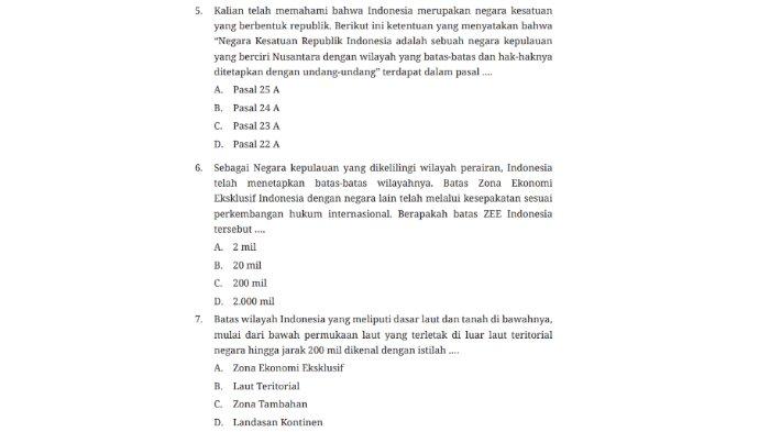 Soal Pilihan ganda atau Pilga Uji Kompetensi untuk kunci jawaban PKN untuk SMP Kelas 7 buku Pendidikan Pancasila Kurikulum Merdeka Bab 5 Wilayah Negara Kesatuan Republik Indonesia Halaman 174-176.