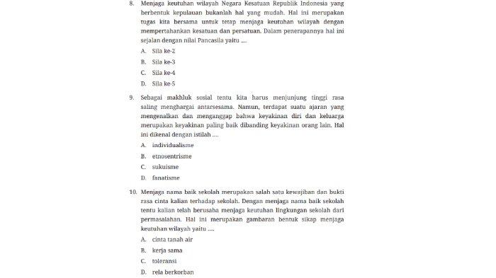 Soal Pilihan ganda atau Pilga Uji Kompetensi untuk kunci jawaban PKN untuk SMP Kelas 7 buku Pendidikan Pancasila Kurikulum Merdeka Bab 5 Wilayah Negara Kesatuan Republik Indonesia Halaman 174-176.