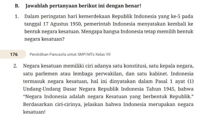 Soal uraian Uji Kompetensi untuk kunci jawaban PKN untuk SMP Kelas 7 buku Pendidikan Pancasila Kurikulum Merdeka Bab 5 Wilayah Negara Kesatuan Republik Indonesia Halaman 176-177.