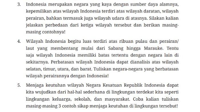 Soal uraian Uji Kompetensi untuk kunci jawaban PKN untuk SMP Kelas 7 buku Pendidikan Pancasila Kurikulum Merdeka Bab 5 Wilayah Negara Kesatuan Republik Indonesia Halaman 176-177.