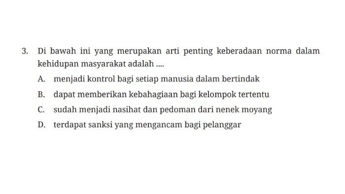 Kunci jawaban PKN untuk SMP Kelas 7 buku Pendidikan Pancasila Kurikulum Merdeka Bab 3 Patuh Terhadap Norma: Uji Kompetensi Bagian A Soal Pilihan Ganda atau Pilgan halaman 97-100.