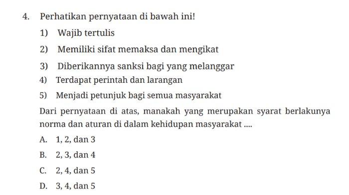 Kunci jawaban PKN untuk SMP Kelas 7 buku Pendidikan Pancasila Kurikulum Merdeka Bab 3 Patuh Terhadap Norma: Uji Kompetensi Bagian A Soal Pilihan Ganda atau Pilgan halaman 97-100.