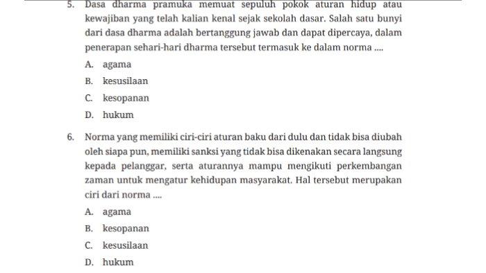 Kunci jawaban PKN untuk SMP Kelas 7 buku Pendidikan Pancasila Kurikulum Merdeka Bab 3 Patuh Terhadap Norma: Uji Kompetensi Bagian A Soal Pilihan Ganda atau Pilgan halaman 97-100.