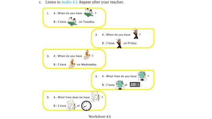 Soal Worksheet 4.6 untuk kunci jawaban Bahasa Inggris SMP Kelas 7 Buku English For Nusantara Kurikulum Merdeka Halaman 160 poin c Section 3 Listening Unit 1 My Class Schedule pada Chapter 4 My School Activities.