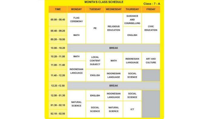 Picture 4.2 Monita's class schedule kunci jawaban Bahasa Inggris SMP Kelas 7 Buku English For Nusantara Kurikulum Merdeka Halaman 164-165 poin c atau Worksheet 4.8 Section 5 Listening Unit 1 My Class Schedule pada Chapter 4 My School Activities.