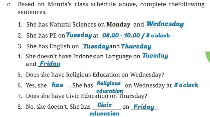 Kunci jawaban Bahasa Inggris SMP Kelas 7 Buku English For Nusantara Kurikulum Merdeka Halaman 164-165 poin c atau Worksheet 4.8 Section 5 Listening Unit 1 My Class Schedule pada Chapter 4 My School Activities.