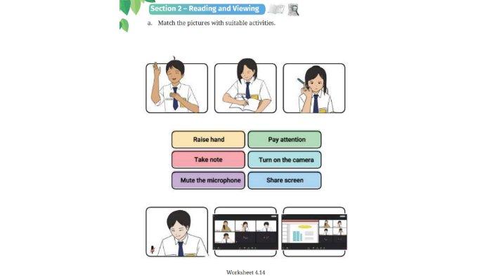 Soal Worksheet 4.14 untuk kunci jawaban Bahasa Inggris SMP Kelas 7 Buku English For Nusantara Kurikulum Merdeka Halaman 172 poin a Section 2 Reading and Viewing Unit 2 My Online Class pada Chapter 4 My School Activities.