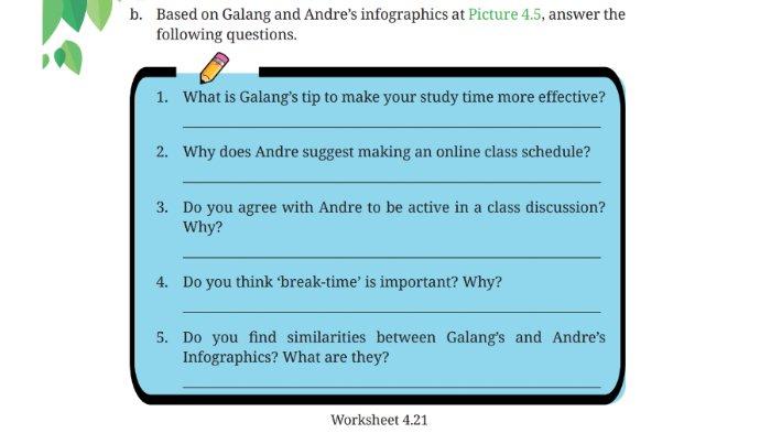 Soal Worksheet 4.21 untuk kunci jawaban Bahasa Inggris SMP Kelas 7 Buku English For Nusantara Kurikulum Merdeka Halaman 182 poin b Section 6 Your Turn: Reading and Viewing Unit 2 My Online Class pada Chapter 4 My School Activities.