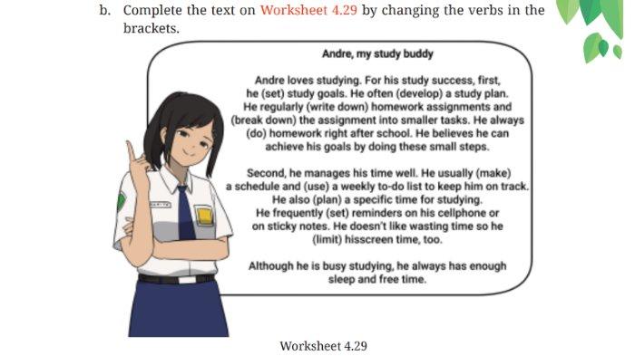 Soal Worksheet 4.29 untuk kunci jawaban Bahasa Inggris SMP Kelas 7 Buku English For Nusantara Kurikulum Merdeka Halaman 189 poin b Section 3 Reading Unit 3 My Study Habits pada Chapter 4 My School Activities.