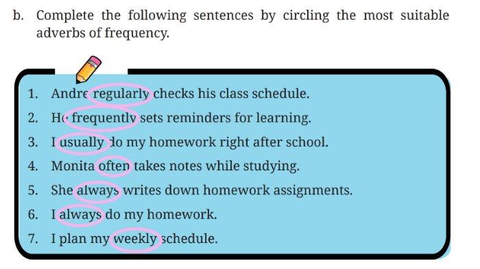 Kunci jawaban Bahasa Inggris untuk SMP Kelas 7 Buku English For Nusantara Kurikulum Merdeka Halaman 192 poin b atau Worksheet 4.33 Section 4 Language Focus Unit 3 My Study Habits pada Chapter 4 My School Activities.