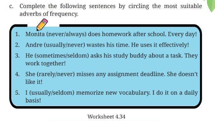Worksheet 4.34 untuk kunci jawaban Bahasa Inggris SMP Kelas 7 Buku English For Nusantara Kurikulum Merdeka Halaman 193 poin c Section 4 Language Focus Unit 3 My Study Habits pada Chapter 4 My School Activities.