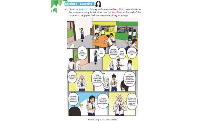 Comic strip 5.1 At the canteen untuk kunci jawaban Bahasa Inggris SMP Kelas 7 Buku English For Nusantara Kurikulum Merdeka Halaman 207 poin b atau Worksheet 5.2 Section 2 Listening, Unit 1 School Buildings pada Chapter 5 This is My School.