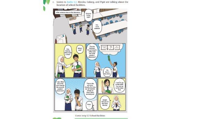 Comic strip 5.2 School facilities untuk kunci jawaban Bahasa Inggris SMP Kelas 7 Buku English For Nusantara Kurikulum Merdeka Halaman 209 poin d atau Worksheet 5.3 Section 2 Listening, Unit 1 School Buildings pada Chapter 5 This is My School.