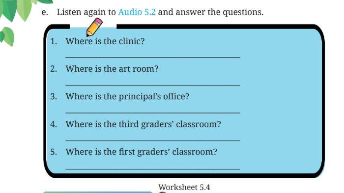 Soal Worksheet 5.4 untuk kunci jawaban Bahasa Inggris SMP Kelas 7 Buku English For Nusantara Kurikulum Merdeka Halaman 210 poin e Section 2 Listening, Unit 1 School Buildings pada Chapter 5 This is My School.