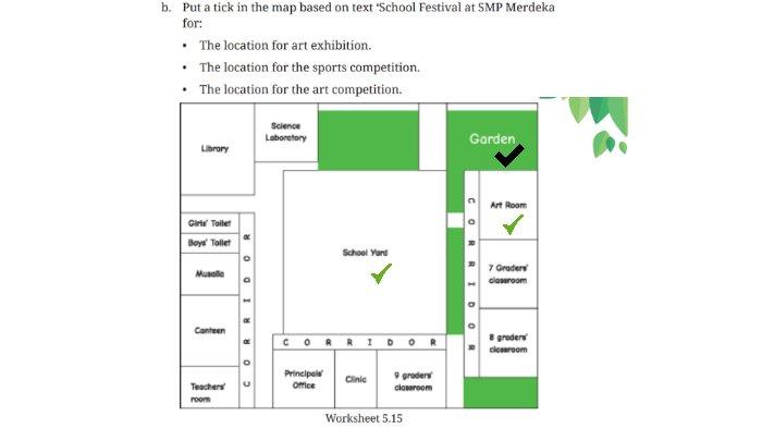 Kunci jawaban Bahasa Inggris untuk SMP Kelas 7 Buku English For Nusantara Kurikulum Merdeka Halaman 232 poin b atau Worksheet 5.15 Section 2 Reading, Unit 3 School Festival pada Chapter 5 This is My School.