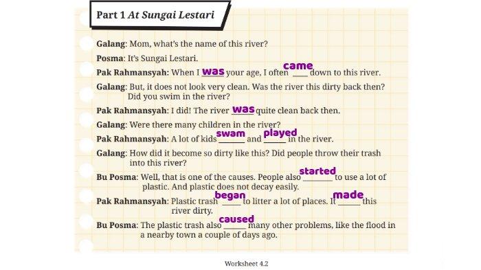 Kunci jawaban Bahasa Inggris untuk SMP Kelas 8 Buku English For Nusantara Kurikulum Merdeka Halaman 188 Worksheet 4.2 Section 2 Listening, Unit 1 Did it Rain Last Night pada Chapter 4 No Littering.