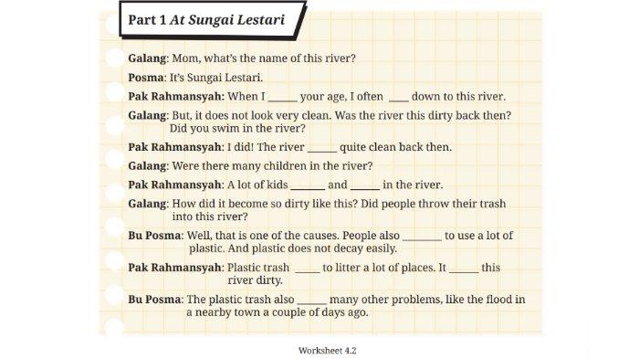 Berikut kunci jawaban Bahasa Inggris untuk SMP Kelas 8 Buku English For Nusantara Kurikulum Merdeka Halaman 188 Worksheet 4.2 Section 2 Listening, Unit 1 Did it Rain Last Night pada Chapter 4 No Littering.
