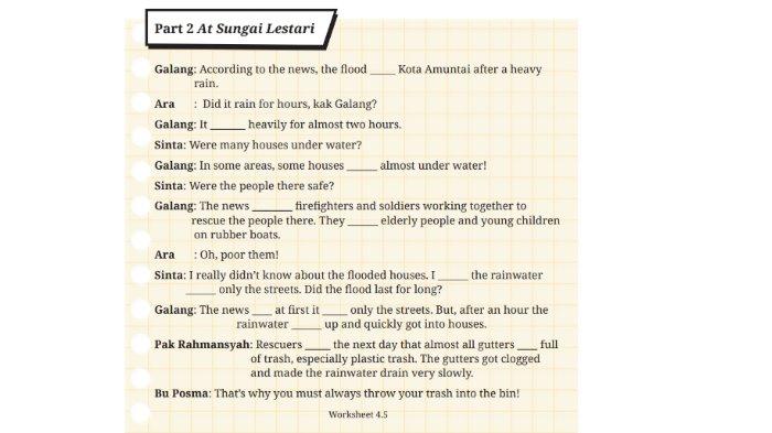 Berikut kunci jawaban Bahasa Inggris untuk SMP Kelas 8 Buku English For Nusantara Kurikulum Merdeka Halaman 194 Worksheet 4.5 Section 3 Listening, Unit 1 Did it Rain Last Night pada Chapter 4 No Littering.