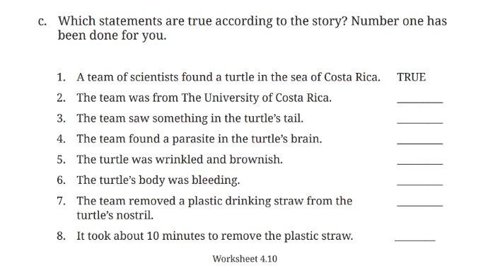 Worksheet 4.10 untuk kunci jawaban Bahasa Inggris untuk SMP Kelas 8 Buku English For Nusantara Kurikulum Merdeka Halaman 210 poin c Section 3 Reading, Unit 2 What Happened to the Sea Animals pada Chapter 4 No Littering.