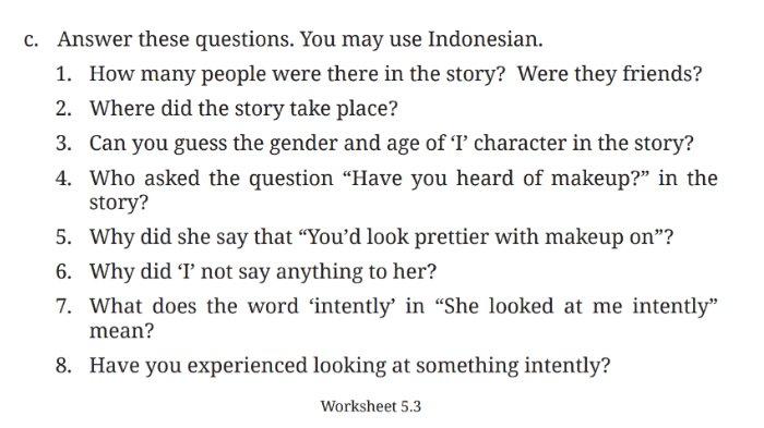 Worksheet 5.3 untuk kunci jawaban Bahasa Inggris SMP Kelas 8 Buku English For Nusantara Kurikulum Merdeka Halaman 243 poin c Section 3 Listening, Unit 1 Be Yourself pada Chapter 5 Embrace Yourself.