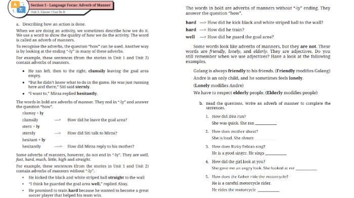 Materi Adverb of Manner untuk kunci jawaban Bahasa Inggris SMP Kelas 8 Buku English For Nusantara Kurikulum Merdeka Halaman 266 poin b atau Worksheet 5.11 Section 5 Language Focus: Adverb of Manner, Unit 2 I Know I Can Do It pada Chapter 5 Embrace Yourself.