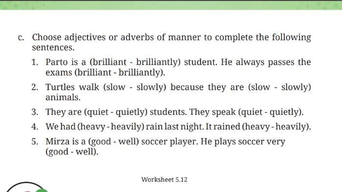 Worksheet 5.12 untuk kunci jawaban Bahasa Inggris SMP Kelas 8 Buku English For Nusantara Kurikulum Merdeka Halaman 267 poin c Section 5 Language Focus: Adverb of Manner, Unit 2 I Know I Can Do It pada Chapter 5 Embrace Yourself.