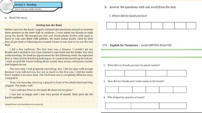 Berikut soal kunci jawaban Bahasa Inggris untuk SMP Kelas 8 Buku English For Nusantara Kurikulum Merdeka Halaman 274-275 poin b atau Worksheet 5.15 nomor 1-4 Section 3 Reading, Unit 3 Practice Makes Perfect pada Chapter 5 Embrace Yourself.