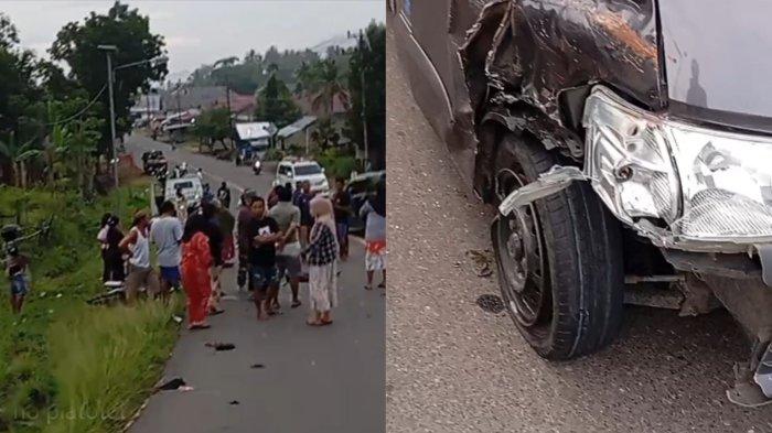 KECELAKAAN LALU LINTAS — Kolase foto masyarakat dan mobil pick up. Seorang pengendara motor tewas setelah menabrak mobil pick up di Desa Wonggahu, Kecamatan Paguyaman, Kabupaten Boalemo, Provinsi Gorontalo, Jumat (11/7/2025).