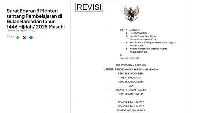 LIBUR LEBARAN - Surat Edaran Jadwal Libur Lebaran Terbaru untuk Anak Sekolah 2025. Jadwal terbaru libur Lebaran untuk anak sekolah tersebut tertuang dalam Surat Edaran Bersama (SEB) Menteri Pendidikan Dasar dan Menengah Republik Indonesia, Menteri Agama Republik Indonesia, dan Menteri Dalam Negeri Republik Indonesia Nomor 4 Tahun 2025, Nomor 9 Tahun 2025, dan Nomor 400.6/1432.A/SJ tentang Pembelajaran di Bulan Ramadan.