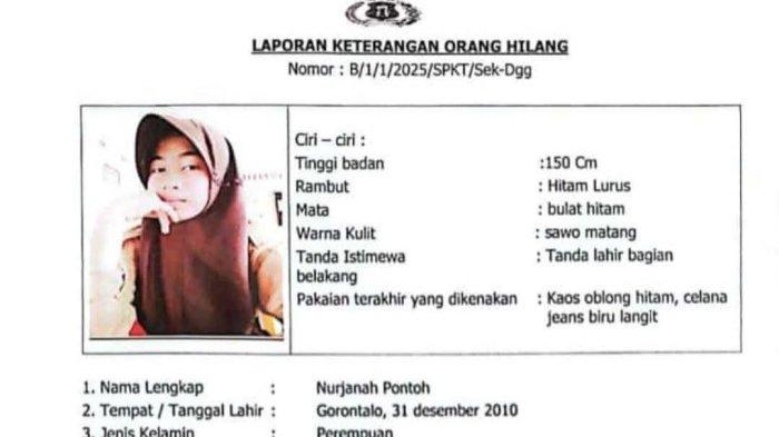 Nurjanah Pontoh, siswi SMP di Kota Gorontalo, dilaporkan hilang sejak 4 Januari 2025.