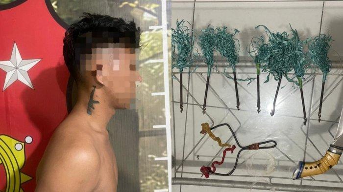 ANCAM MANTAN PACAR - Potret NK (20) dan senjata tajam. NK ditangkap polisi usai melakukan pengancaman terhadap seorang wanita di Kelurahan Wongkaditi Timur, Kota Gorontalo.
