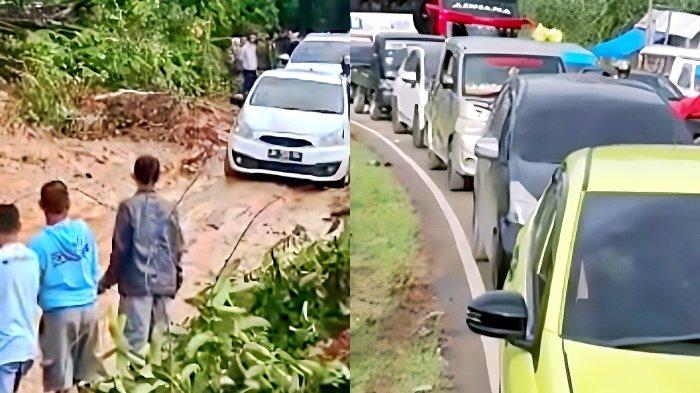 TANAH LONGSOR -- Potret kemacetan di perbatasan Desa Lamu dan Desa Potanga, Kabupaten Boalemo, Senin (9/6/2025). Tanah longsor melumpuhkan akses kendaraan di Jalan Trans Sulawesi.
